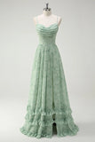 Green Floral A Line Cowl Neck Corset Long Bridesmaid Dress with Ruffle Slit