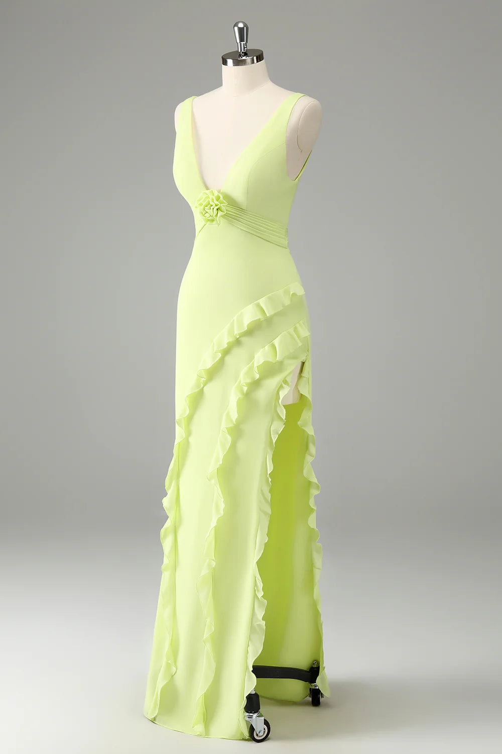 Lime A Line V Neck Floral Ruffle Open Back Bridesmaid Dress with Slit