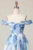 White Blue Flower Off The Shoulder Printed Corset Homecoming Dress with Ruffles