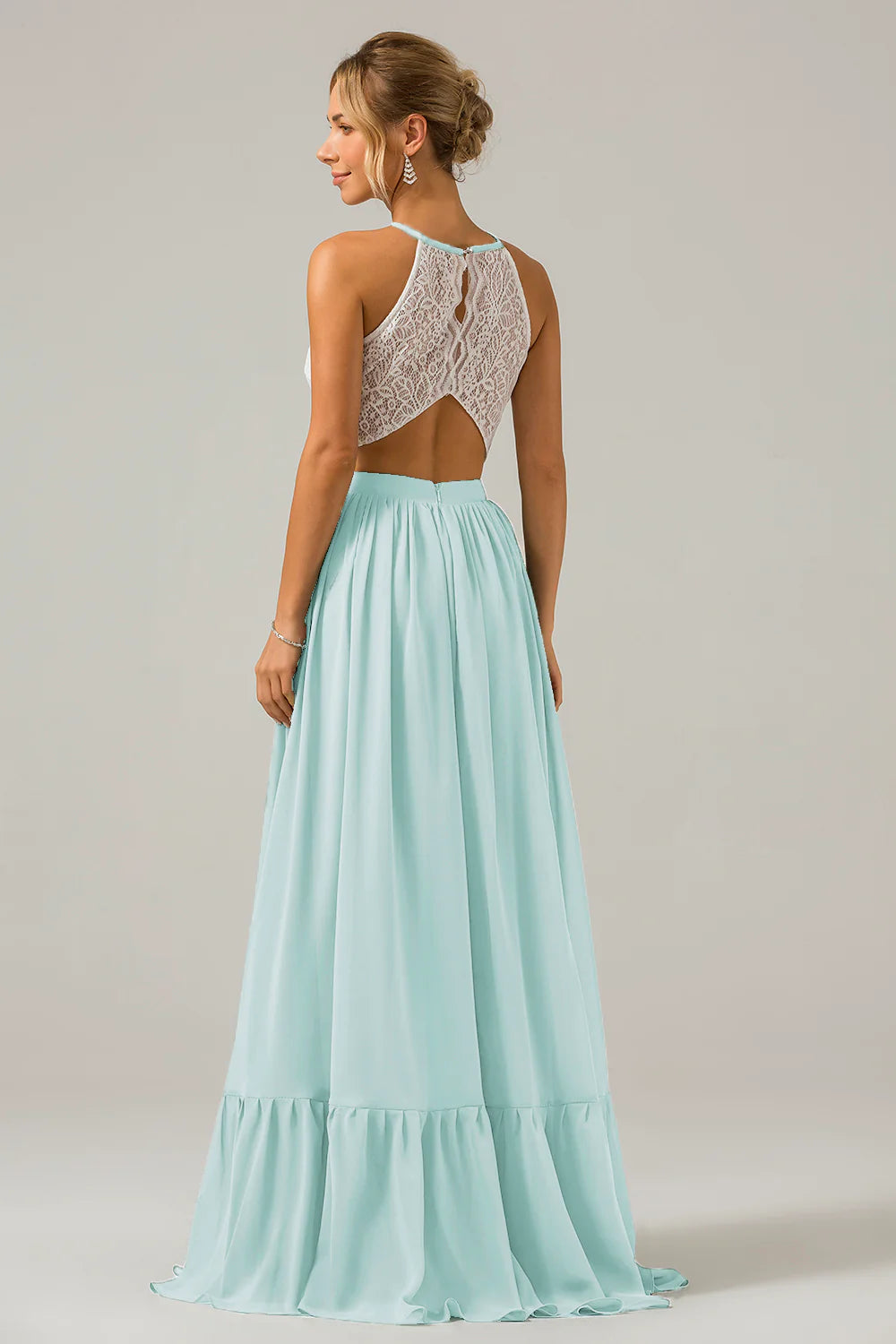 A Line Halter Pleated Keyhole Chiffon Bridesmaid Dress With Lace