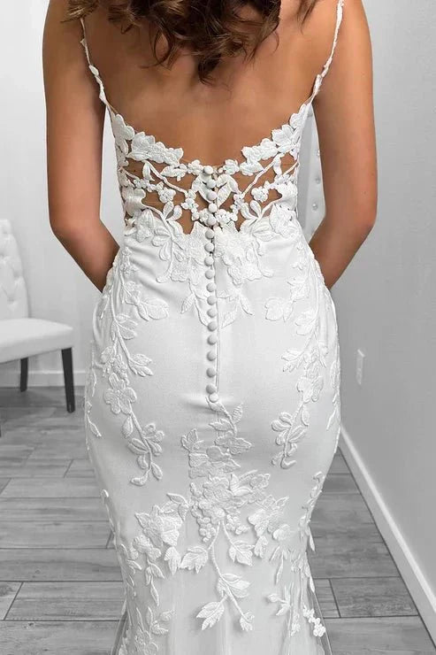 Sexy Satin V Neck Spaghetti Straps Illusion Lace Applique With Lace Train Wedding Dress