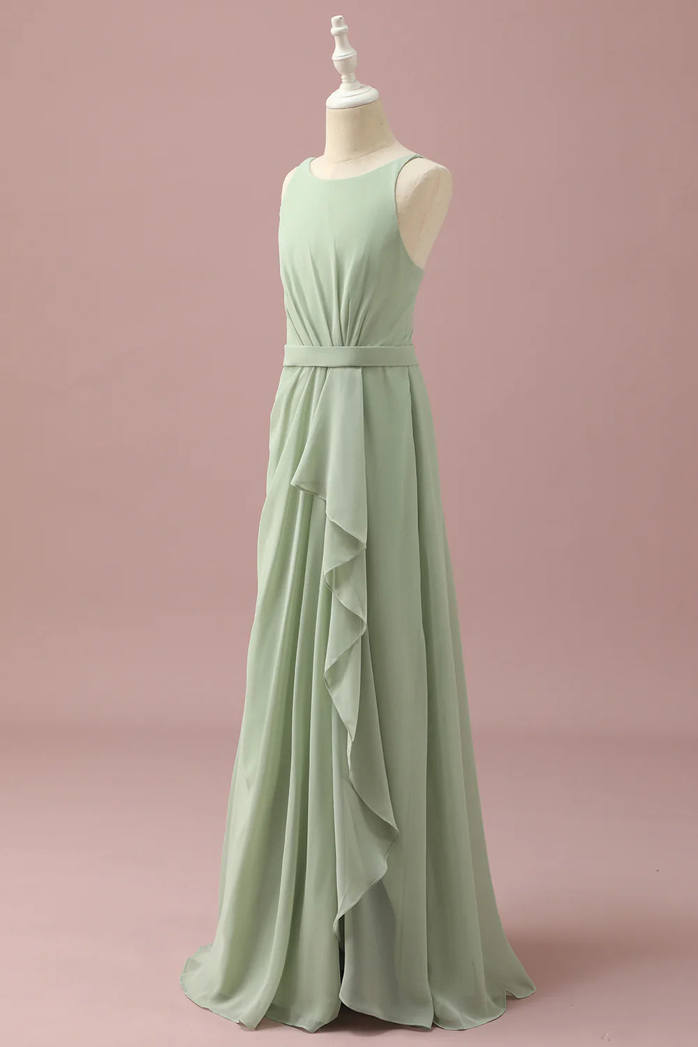 Dusty Sage Round Neck Chiffon Junior Bridesmaid Dress With Cascading Ruffles