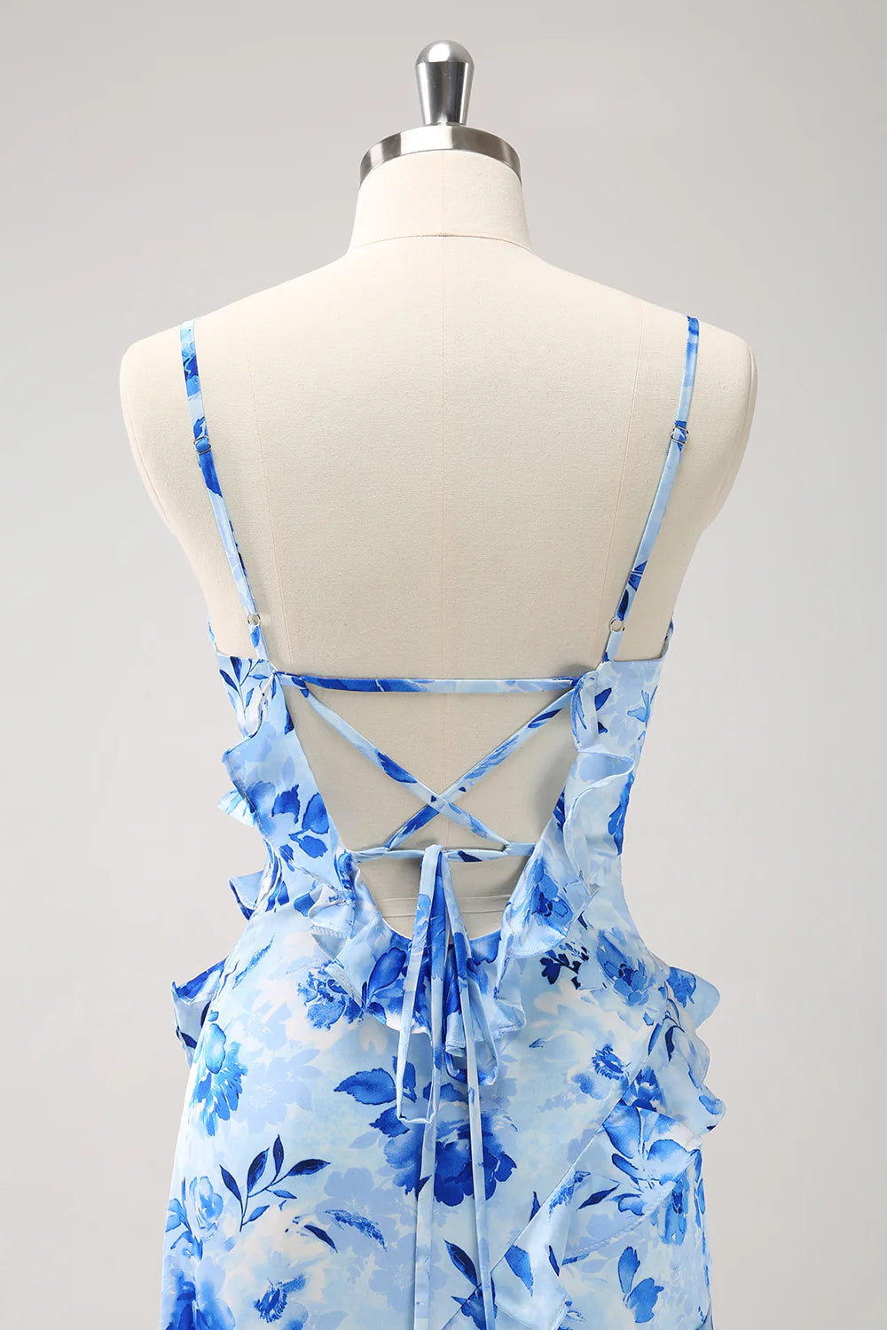 Blue Mermaid Spaghetti Straps Ruched Print Ruffle Bridesmaid Dress with Slit