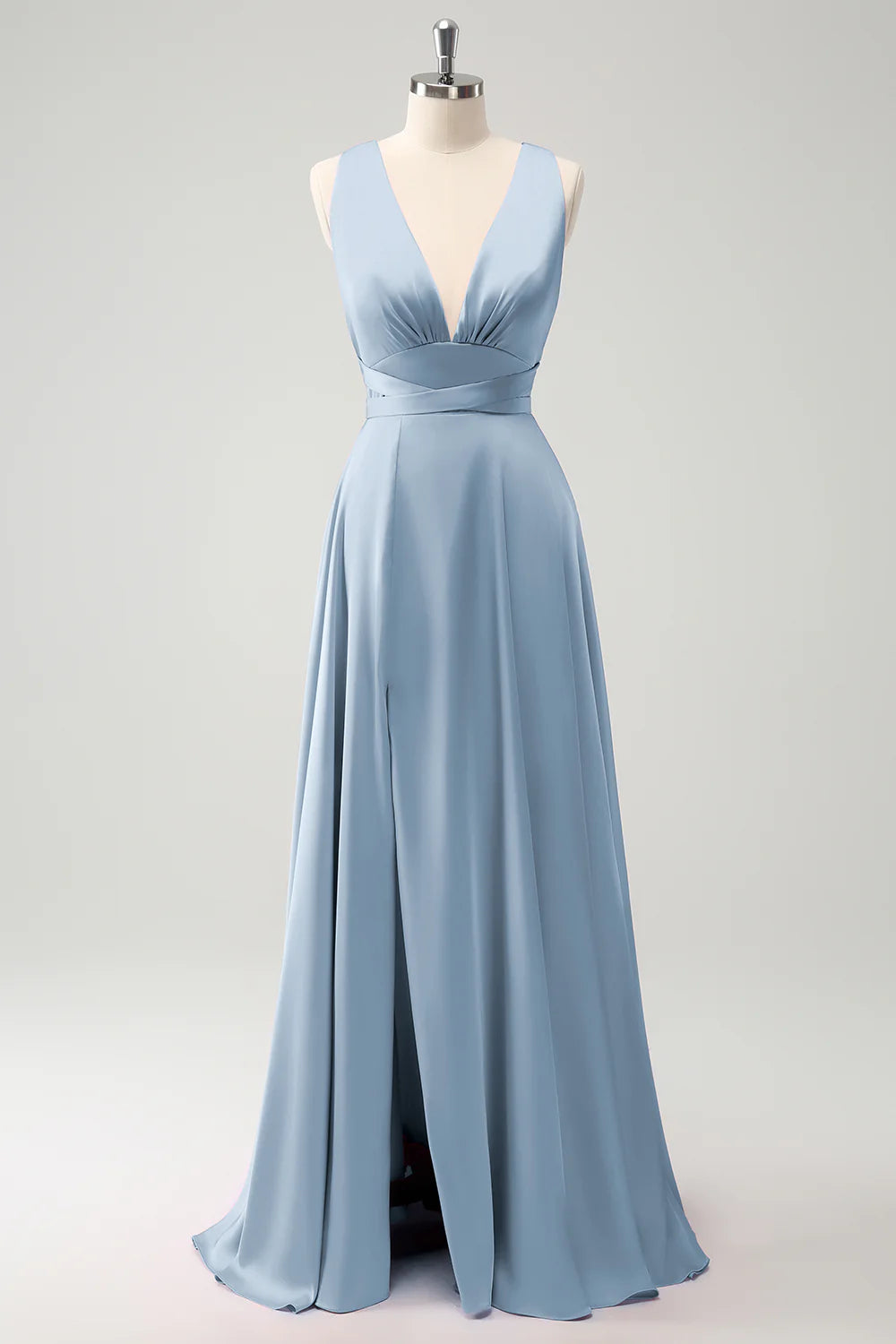 Burgundy A Line Deep V Neck Backless Long Bridesmaid Dress with Slit