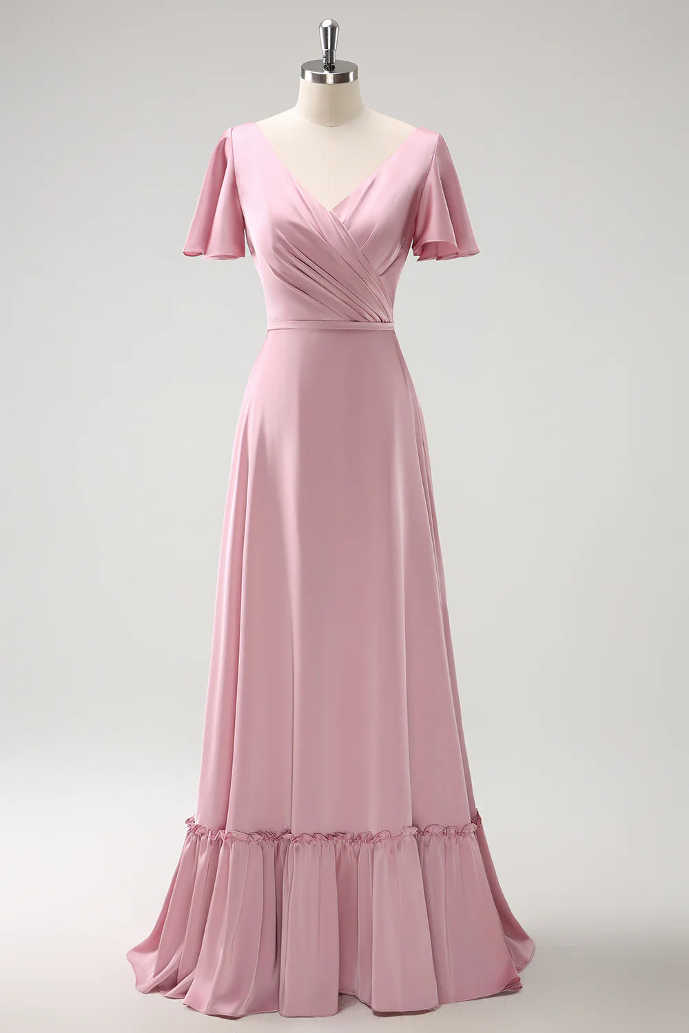 Blush Pink A Line V Neck Ruffle Sleeves Long Satin Bridesmaid Dress