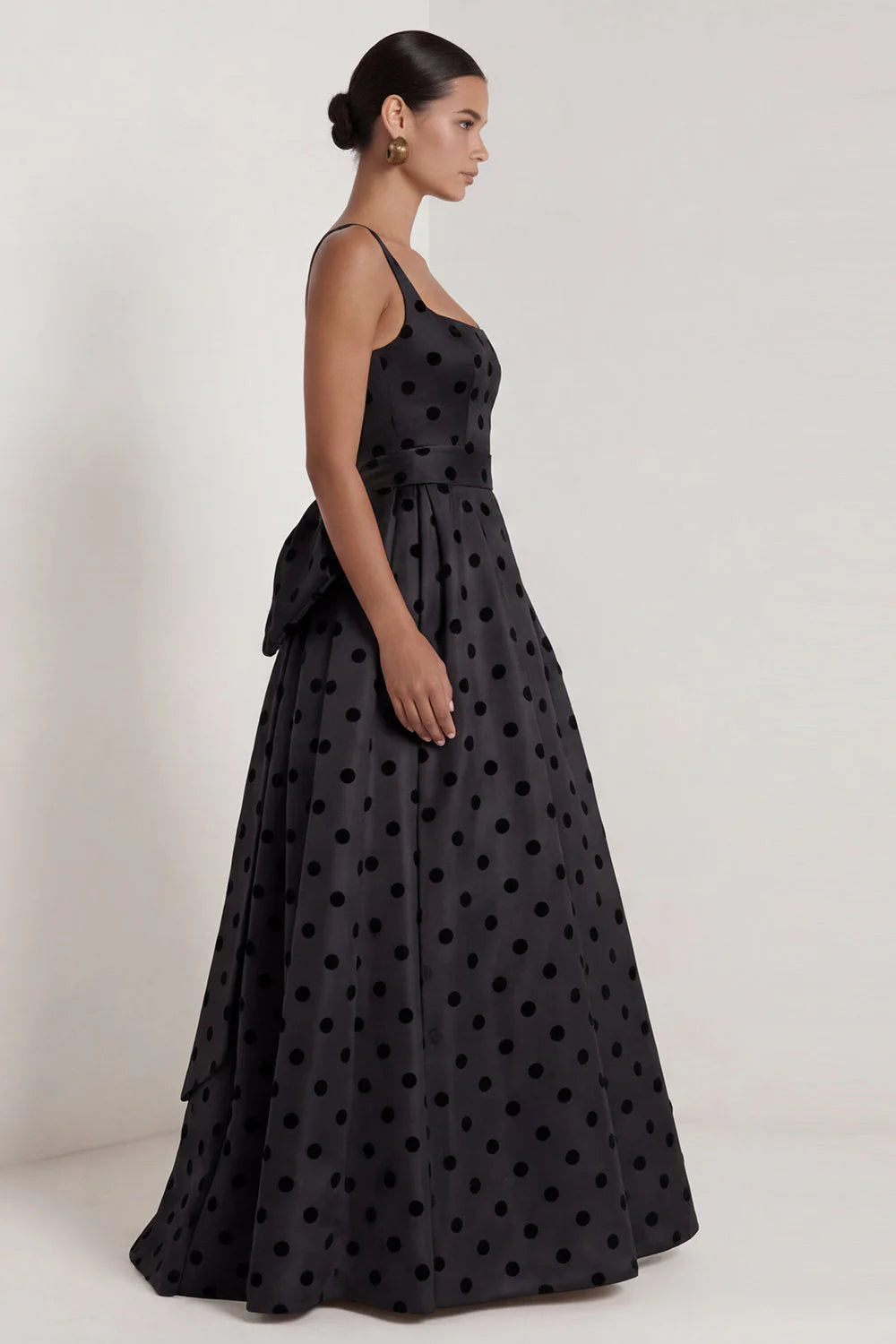 Black A Line Polka Dot Maxi Formal Dress with Bow