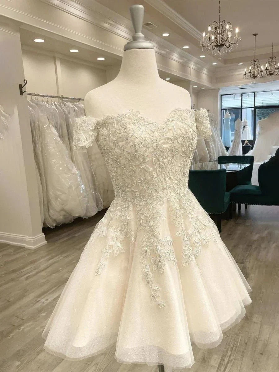 Lace White Appliques A Line Short Wedding Dress