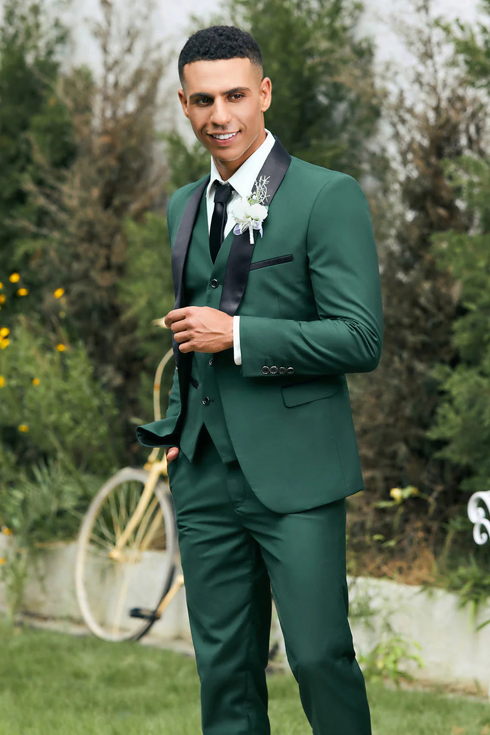 Mens Dark Green Shawl Lapel 3 Pieces Slim Fit Wedding Suits