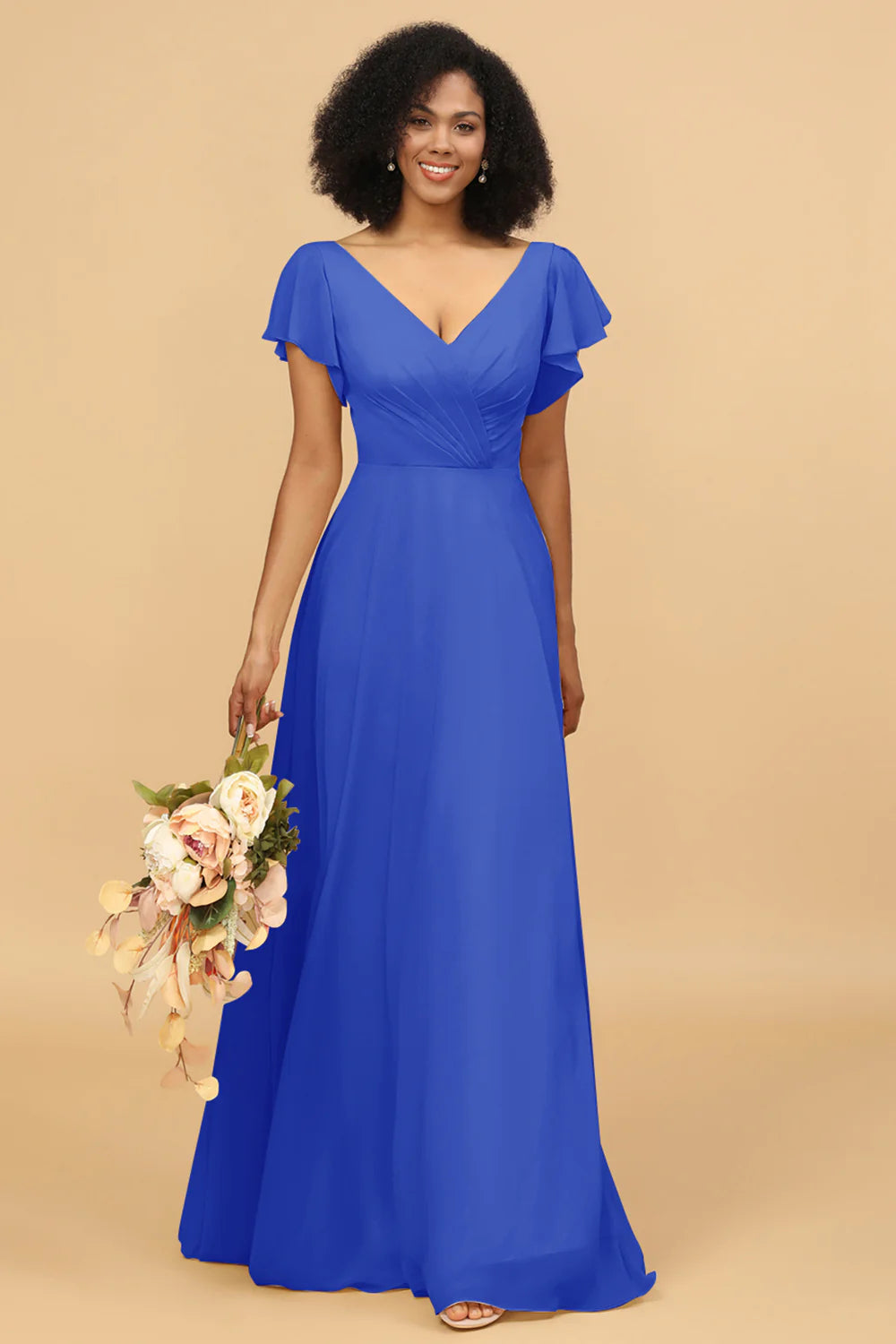 V Neck Cape Long Floor Length Chiffon Bridesmaid Dress