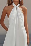 Simple White A Line Halter Long Engagement Dress