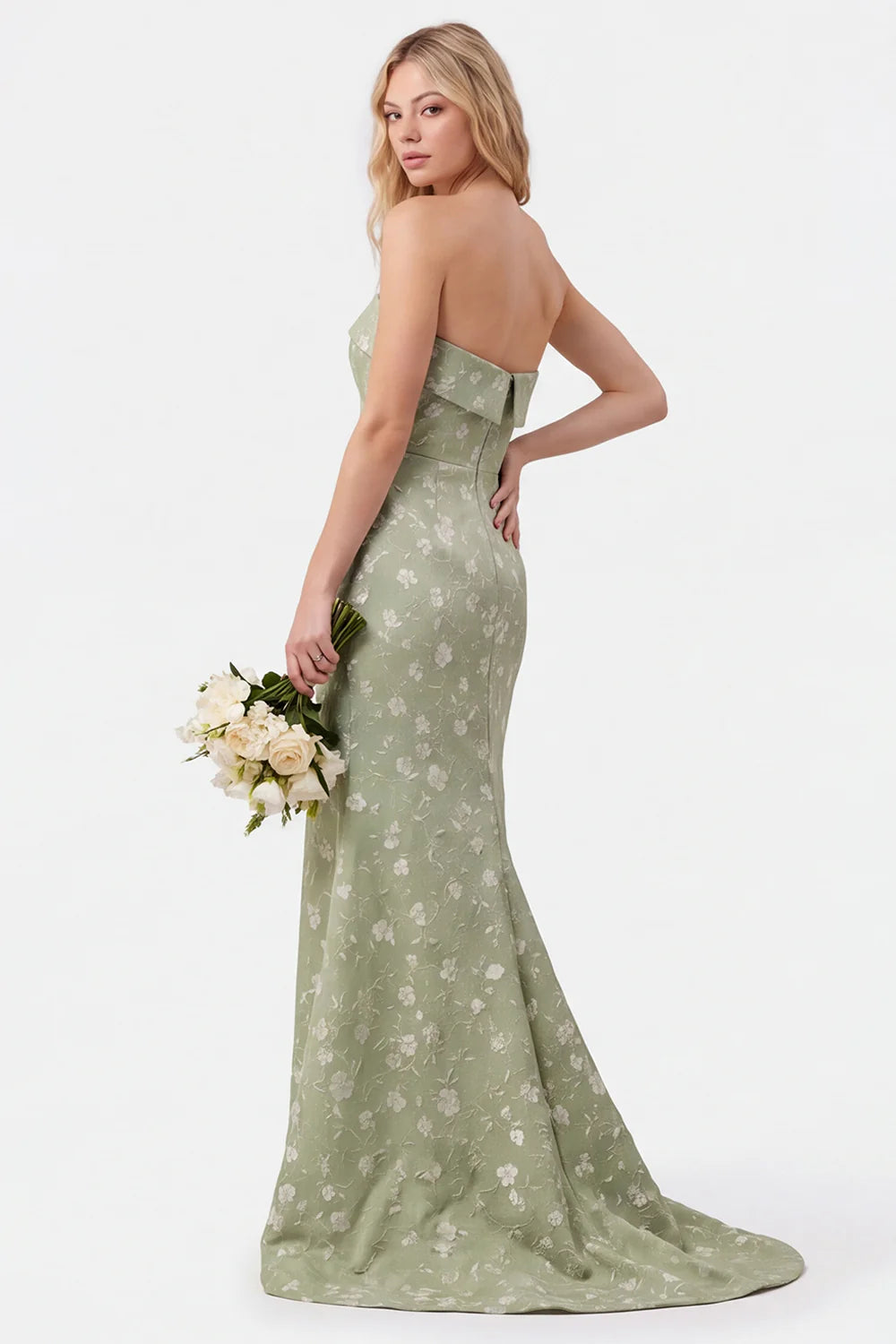 Strapless Mermaid Sage Floral Jacquard Bridesmaid Dress