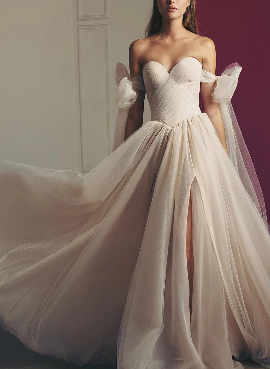 Beach Pleated Tulle Off The Shoulder A Line Wedding Dresses With Slit