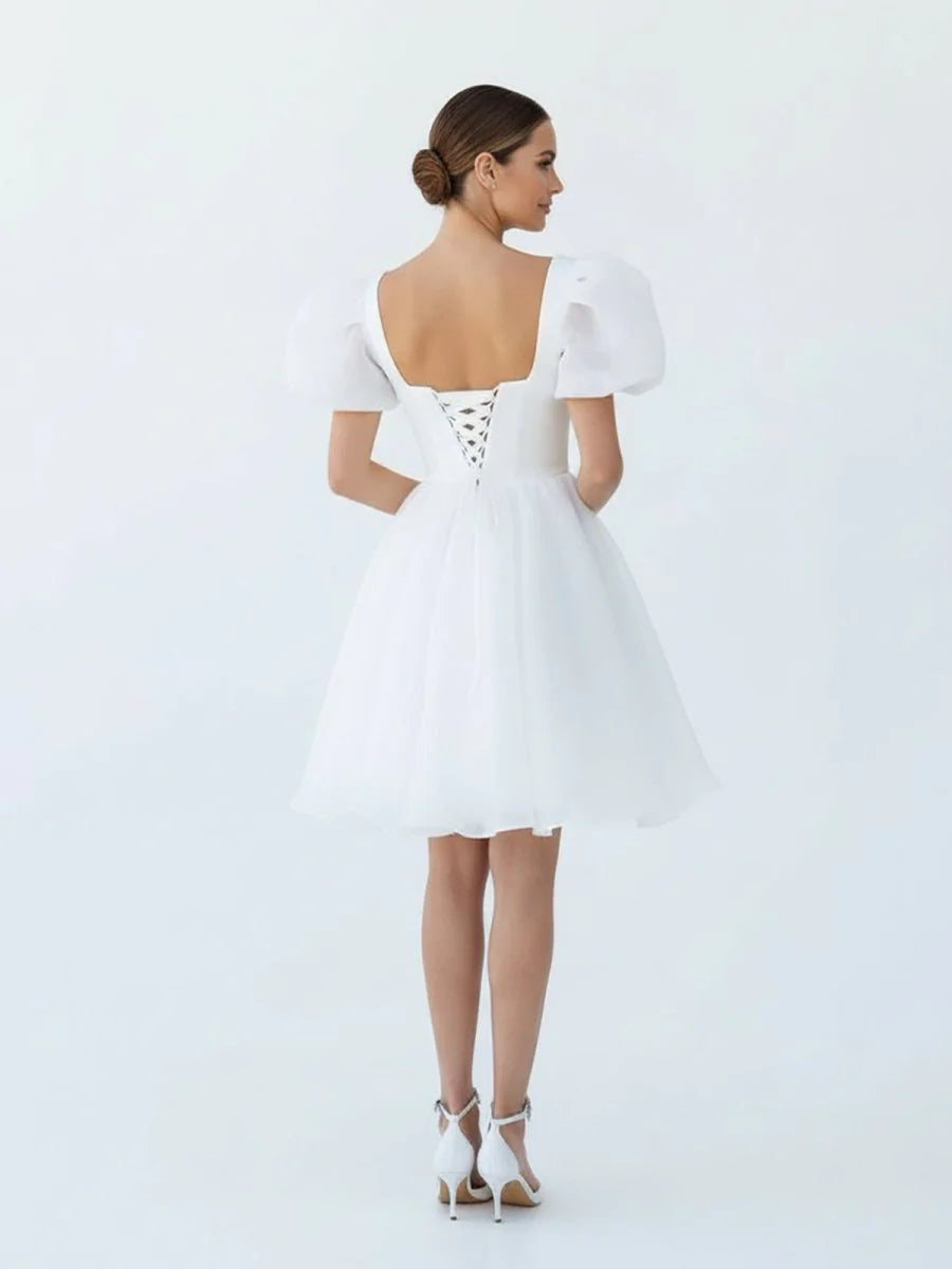 A Line Square Neck Short Wedding Dress With Puffy Pearls Sleeves
