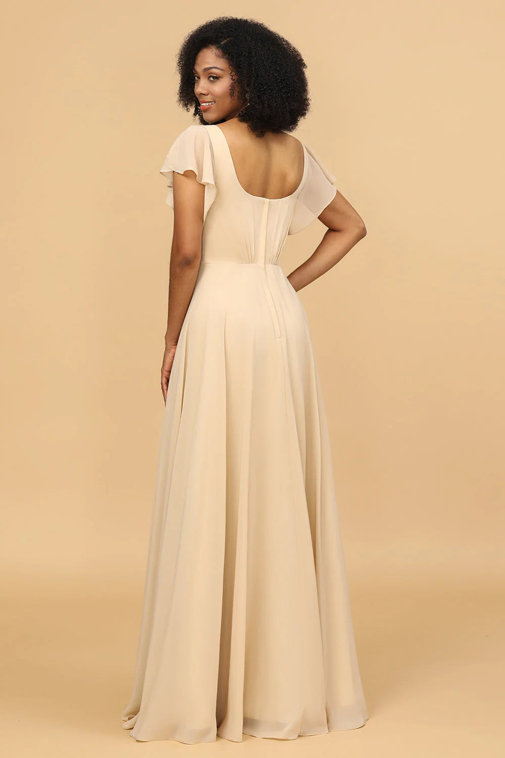 V Neck Cape Long Floor Length Chiffon Bridesmaid Dress