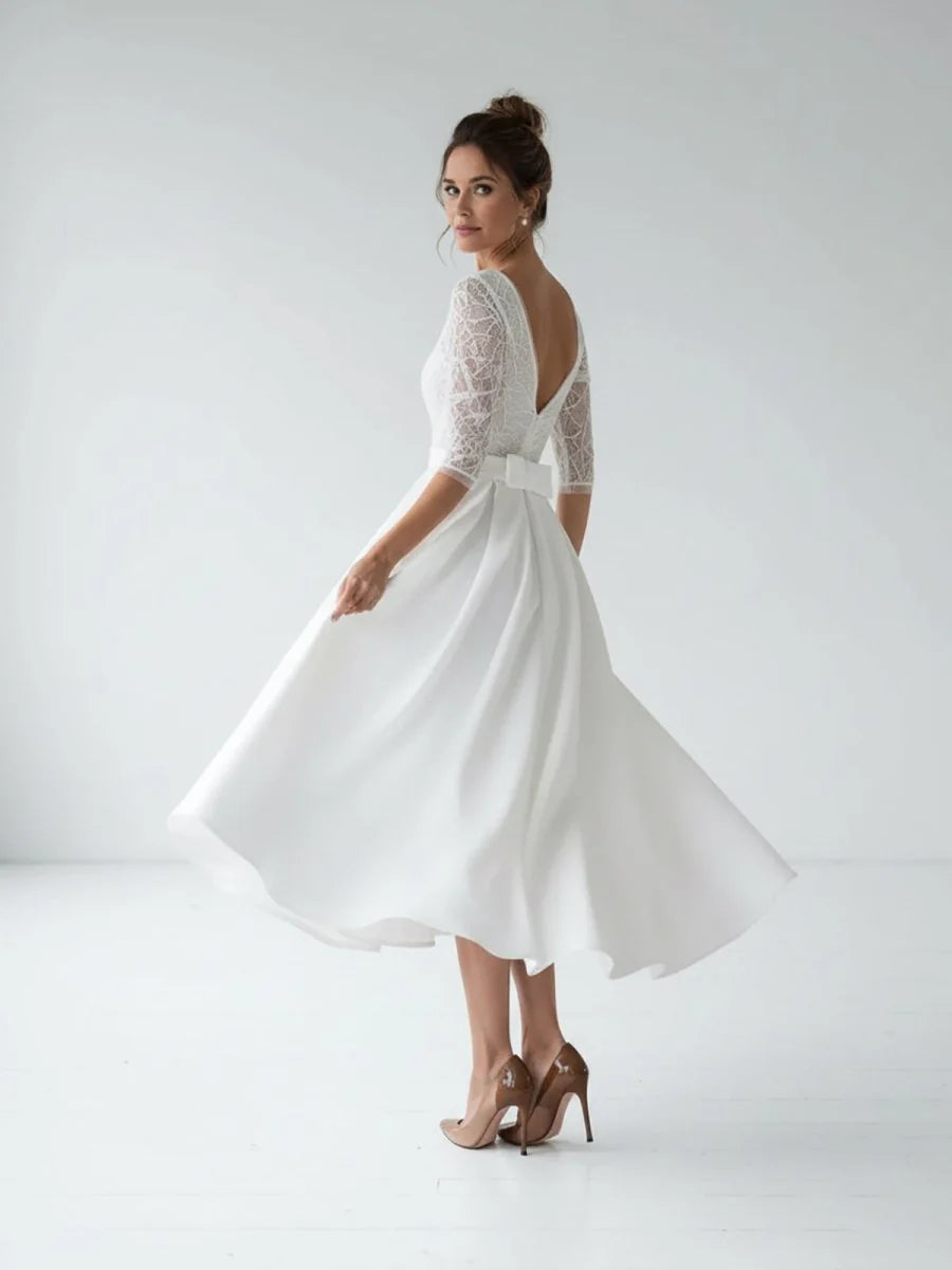 Satin V neck A Line Tea length Wedding Dress with Ruching and Sash