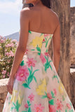 Strapless A Line Daffodil Pink Flower Maxi Dress