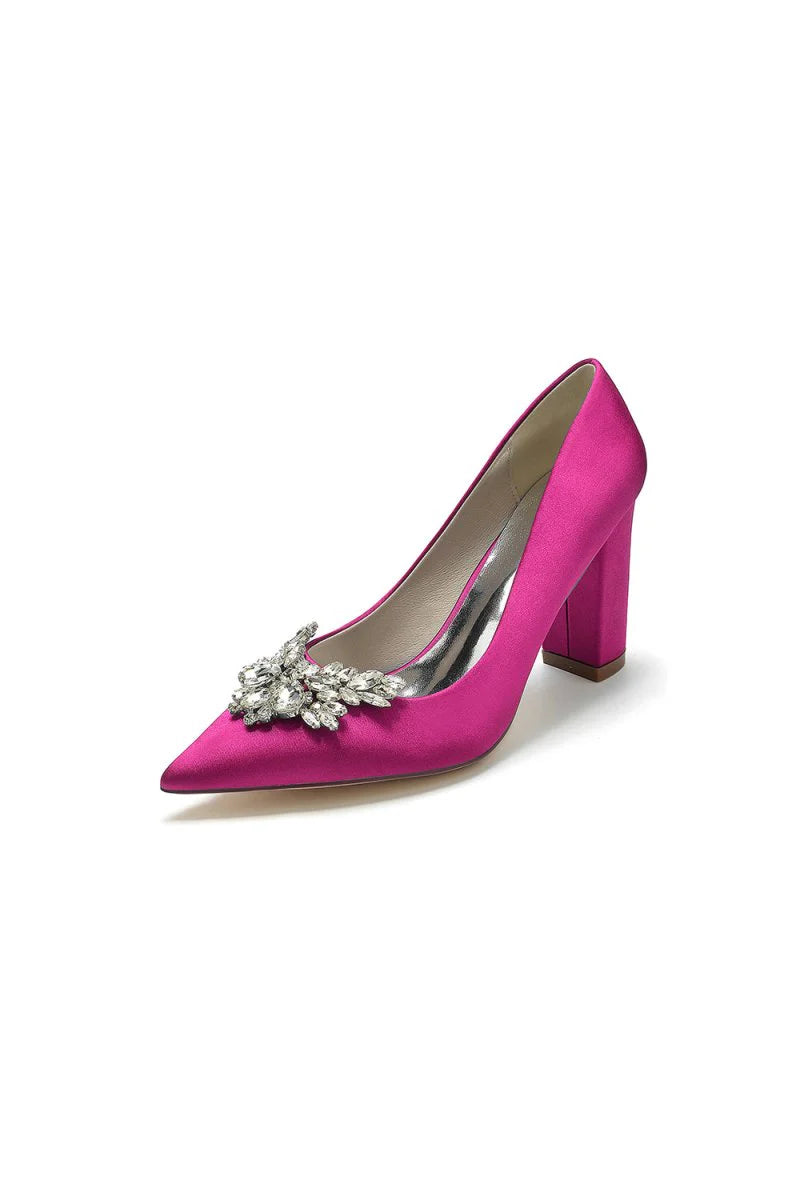Satin Pointed Toe Slip on Chunky Heels With Rhinestone