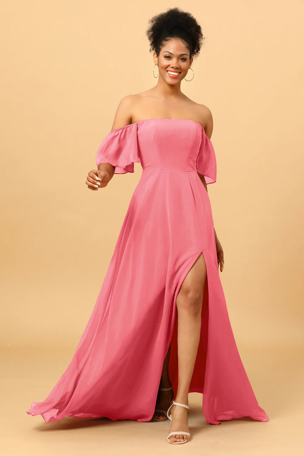 A Line Off the Shoulder Long Chiffon Bridesmaid Dress with Slit