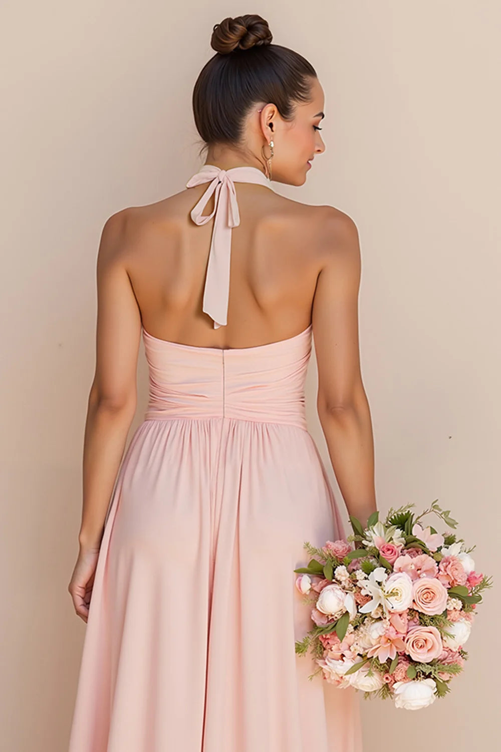 Blush Pink Halter Cut Out A Line Chiffon Long Bridesmaid Dress