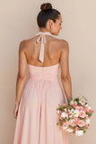 Blush Pink Halter Cut Out A Line Chiffon Long Bridesmaid Dress
