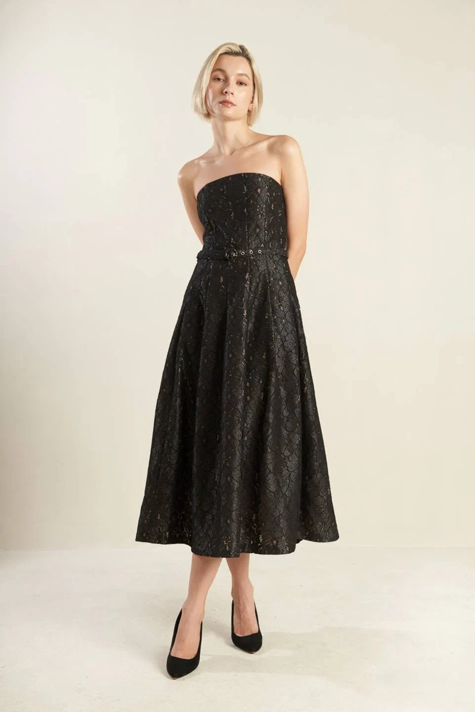 THE TRUTH IS STRAPLESS BLACK LACE MIDI DRESS FINAL SALE