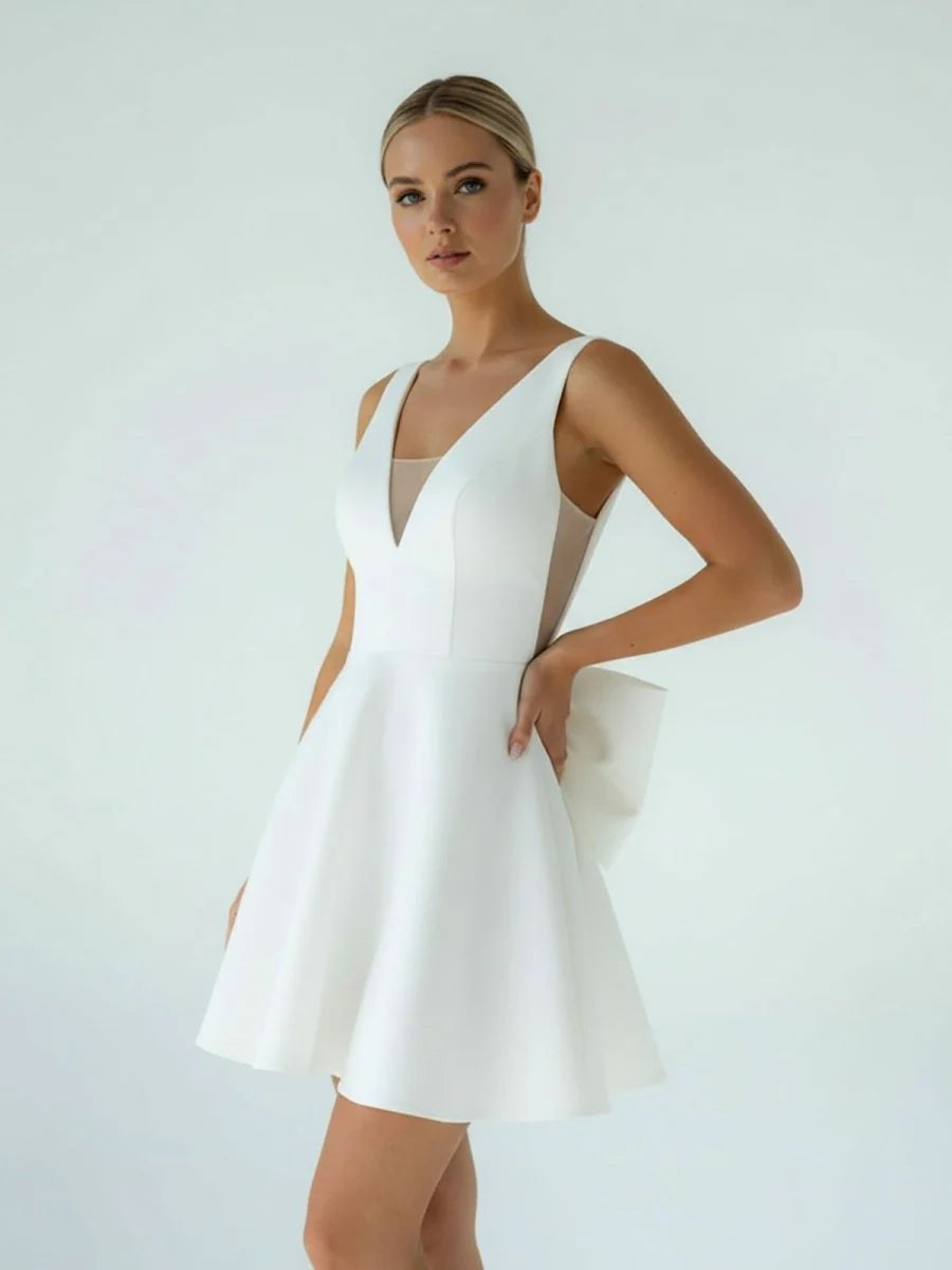 A Line White Satin V Neck Short Wedding Dress with Bow