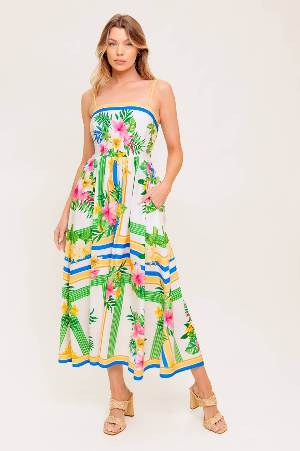 FLORAL HARMONY FLOWER PRINT MIDI DRESS WITH POCKETS