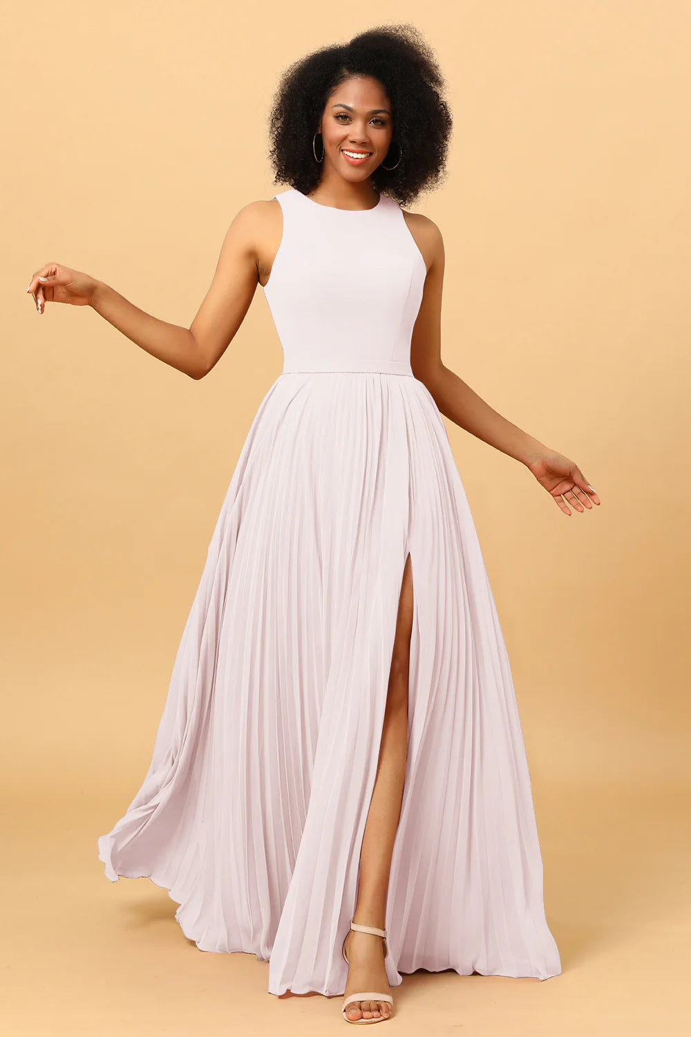 A Line Pleated Long Chiffon Bridesmaid Dress with Ruffles