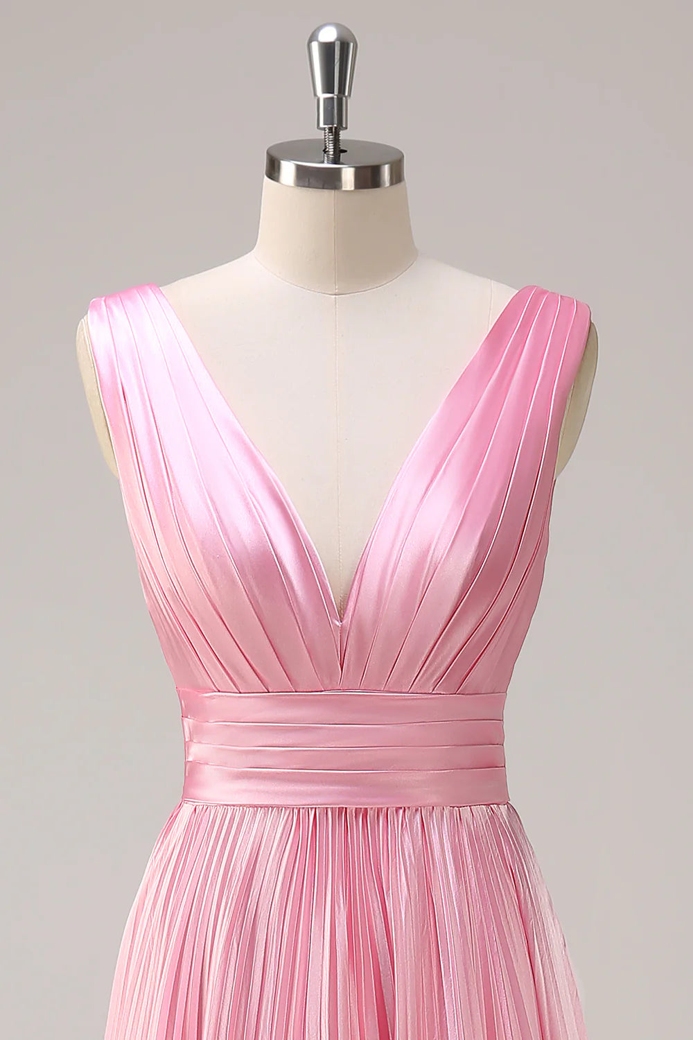 Pink A Line V Neck Ruched Open Back Bright Satin Long Bridesmaid Dress