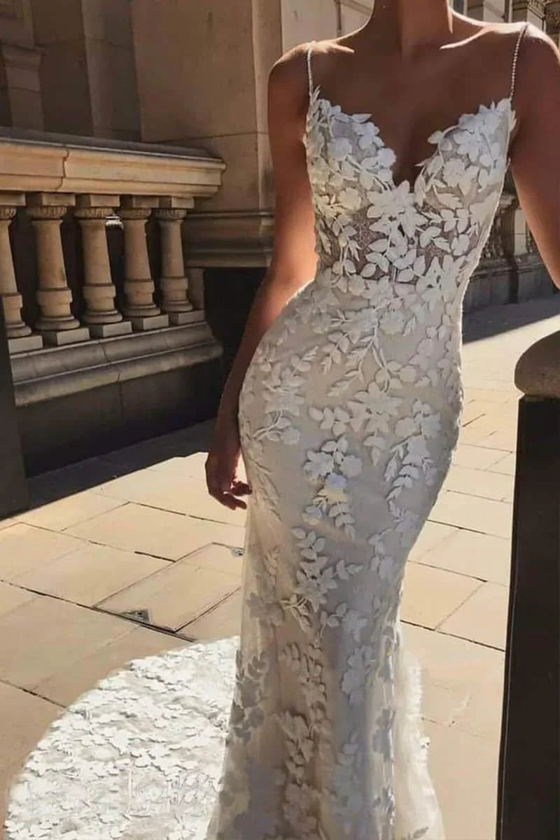 Mermaid Spaghetti Straps V neck Lace Wedding Dresses