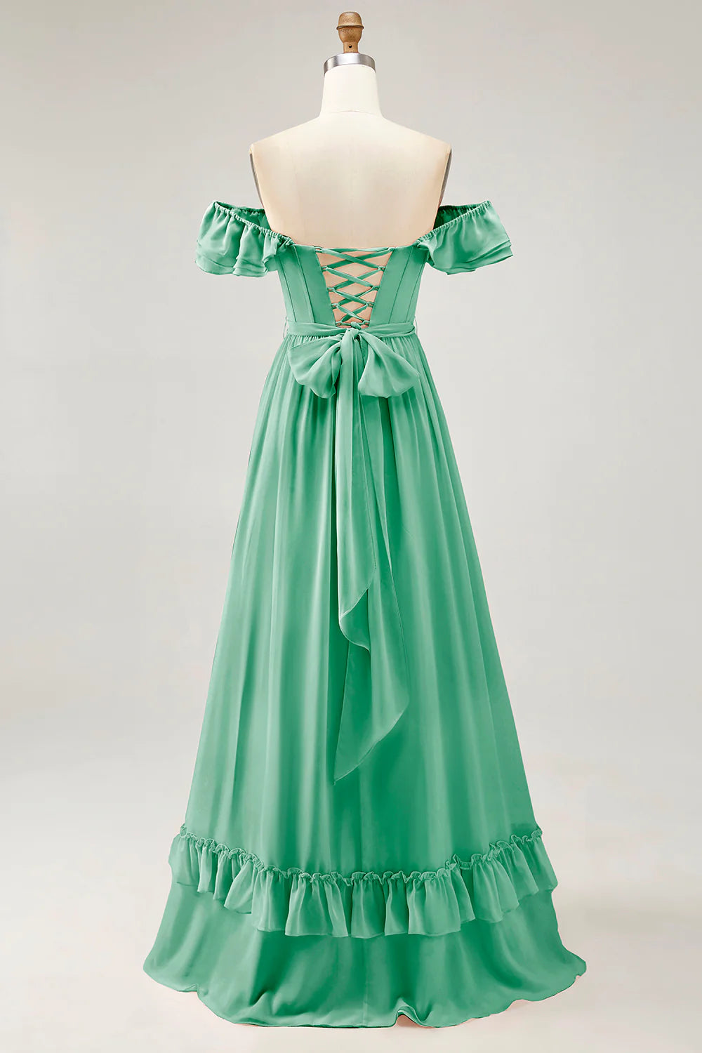 Dusty Sage A line Off The Shoulder Chiffon Long Bridesmaid Dress with Slit