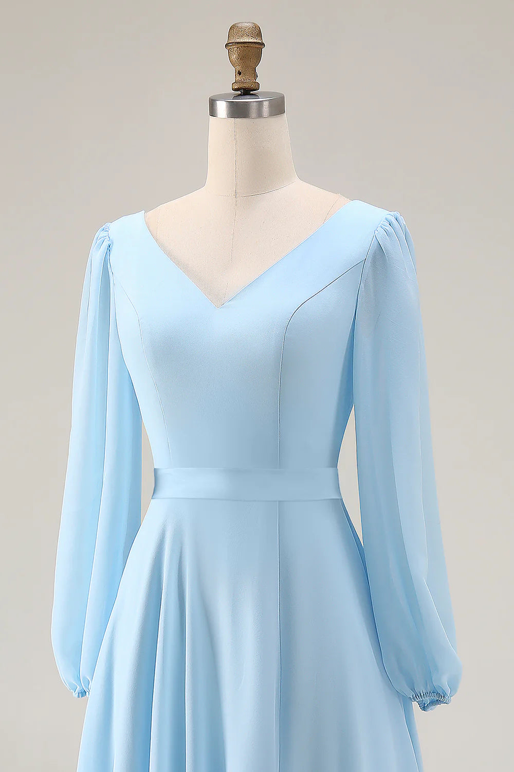 Sky Blue A Line V Neck Chiffon Long Sleeve Bridesmaid Dress