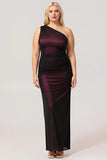 Black Pink Sheath One Shoulder Ruched Tulle Long Plus Size Bridesmaid Dress with Slit