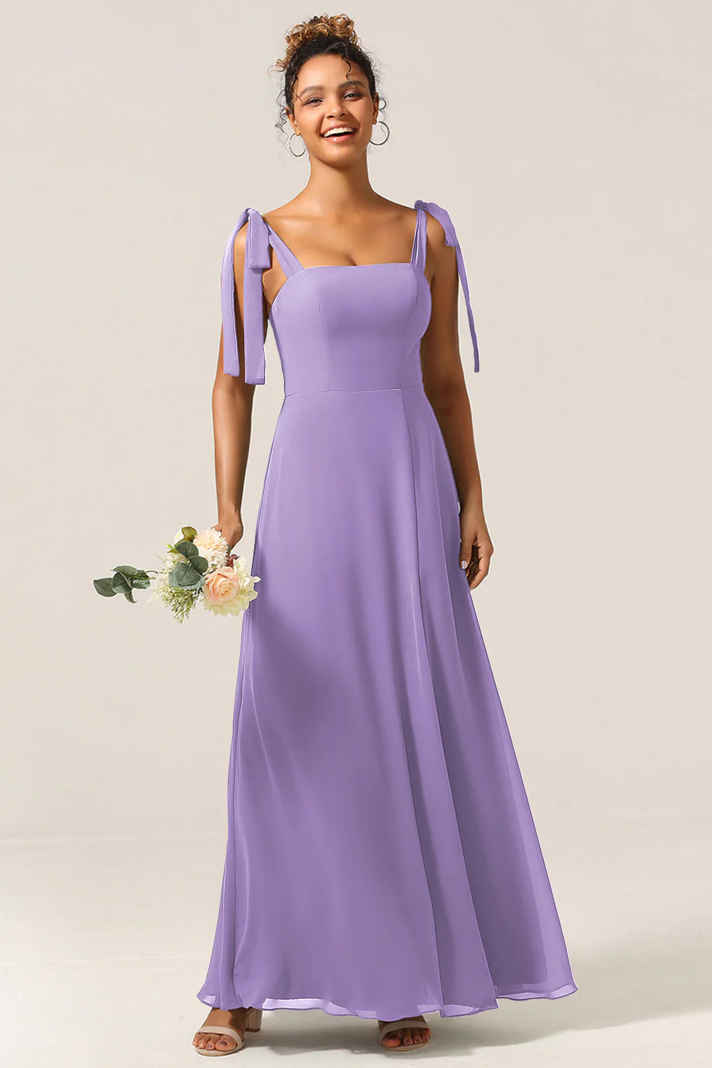 A Line Spaghetti Straps Floor Length Chiffon Bridesmaid Dress with Slit
