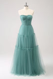 Eucalyptus A Line Strapless Corset Tulle Long Bridesmaid Dress