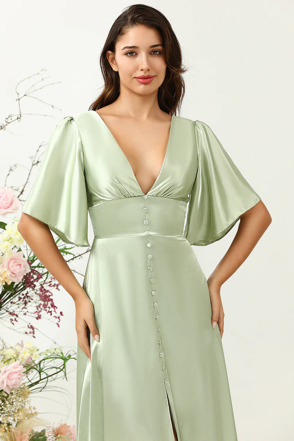 Dusty Sage A Line Deep V Neck Long Bridesmaid Dress with Half Sleeves