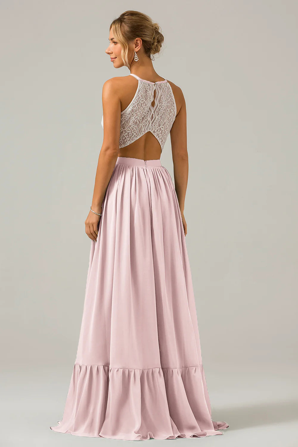 A Line Halter Pleated Keyhole Chiffon Bridesmaid Dress With Lace