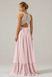 A Line Halter Pleated Keyhole Chiffon Bridesmaid Dress With Lace
