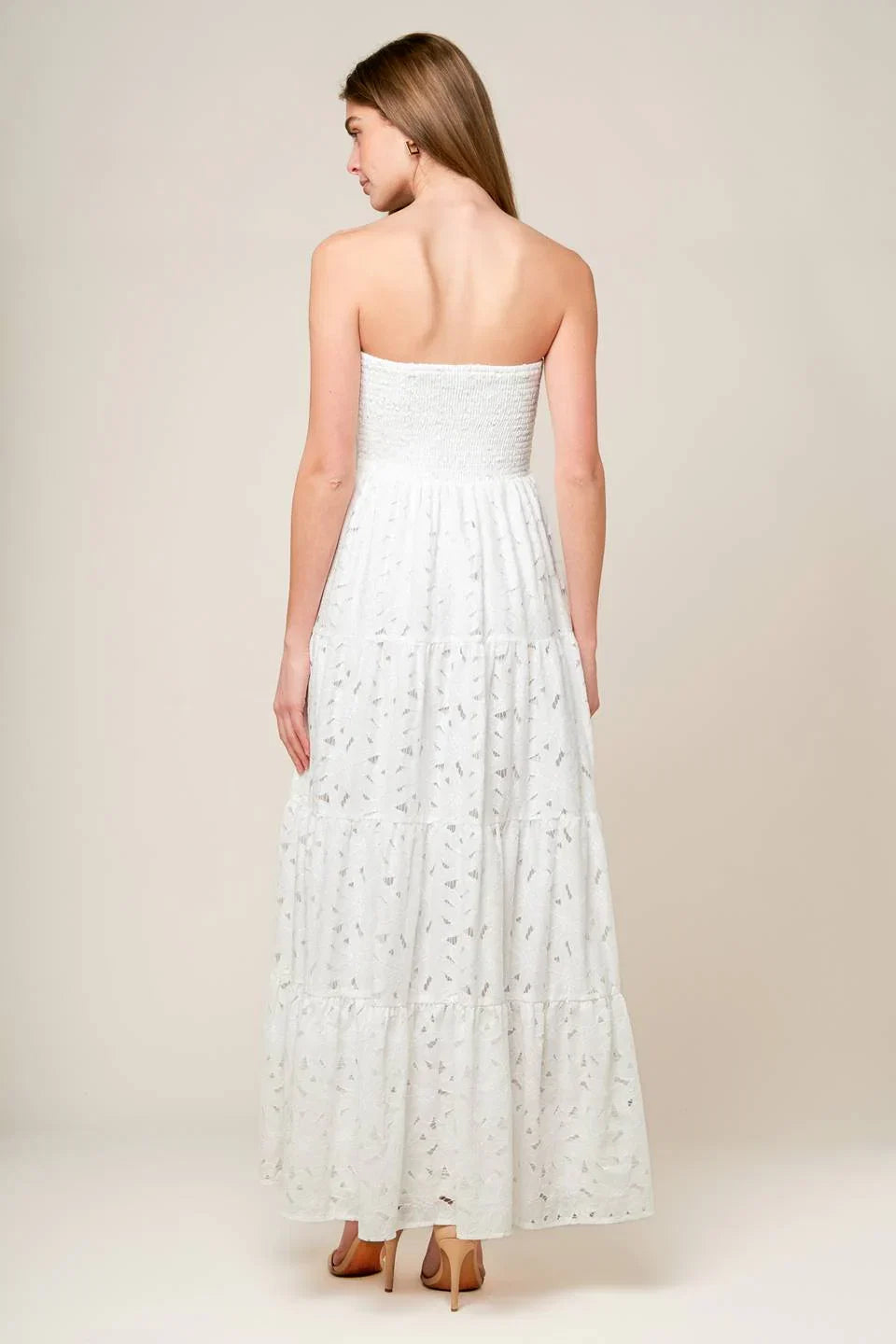 WISHING WELL STRAPLESS WHITE LACE MAXI DRESS