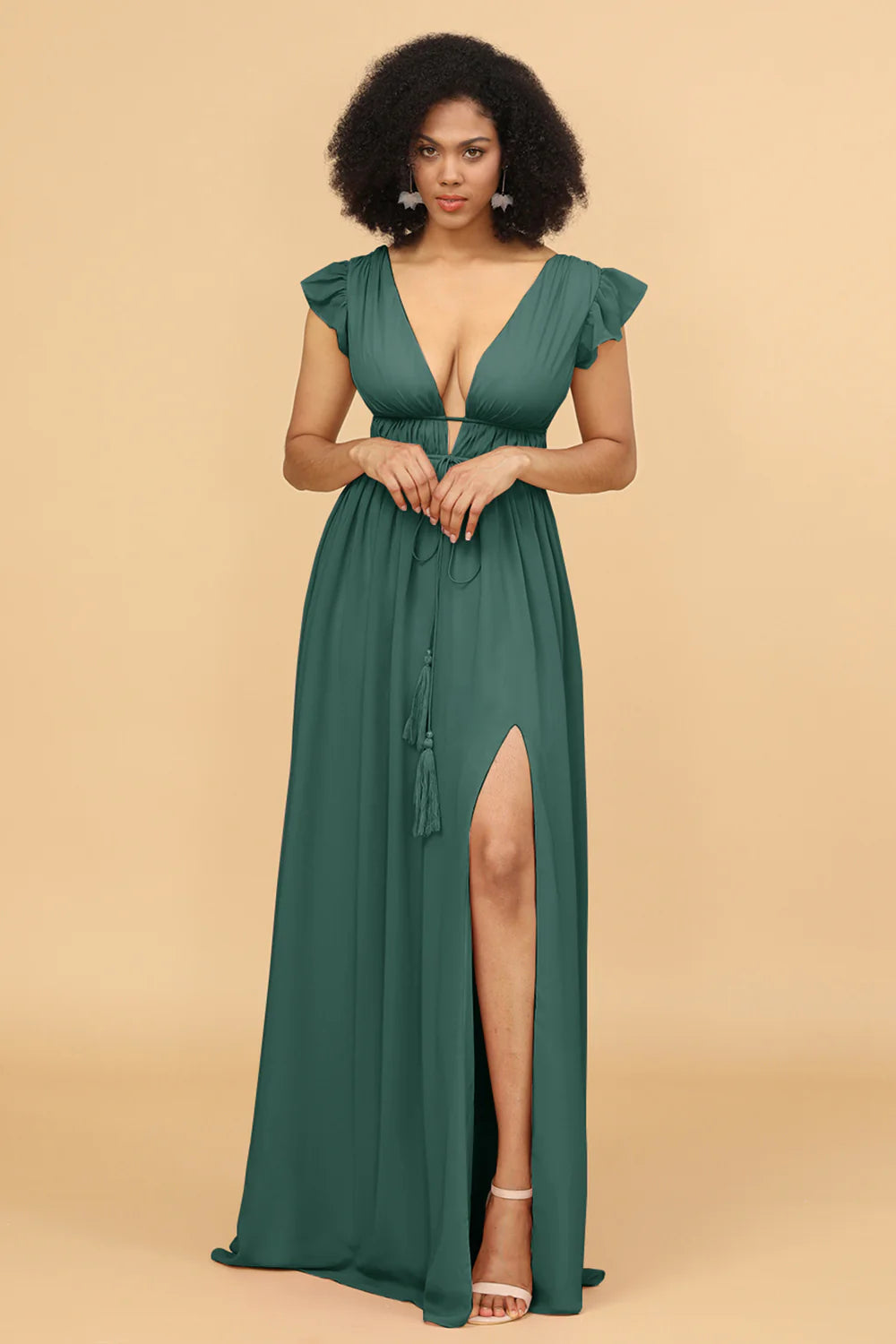 A Line Deep V Neck Long Chiffon Bridesmaid Dress with Slit