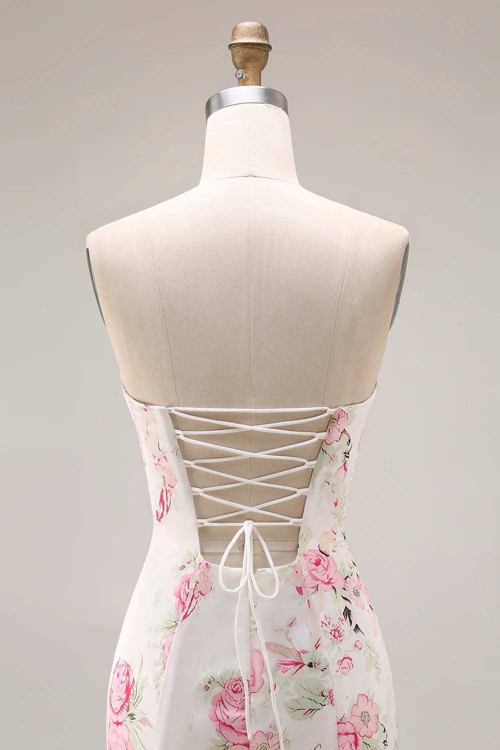 Strapless White Pink Flower Printed Mermaid Long Prom Dress