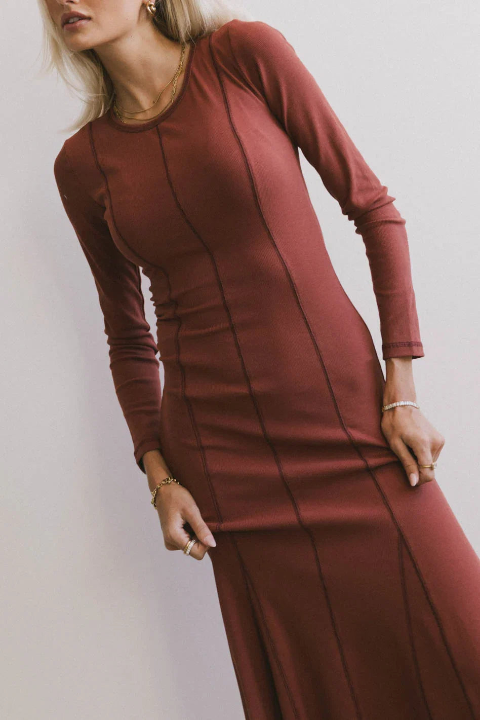 Fiona Ribbed Godet Dress in Rust FINAL SALE