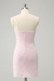 Sparkly Pink Bodycon One Shoulder Short Homecoming Dress with Sequins