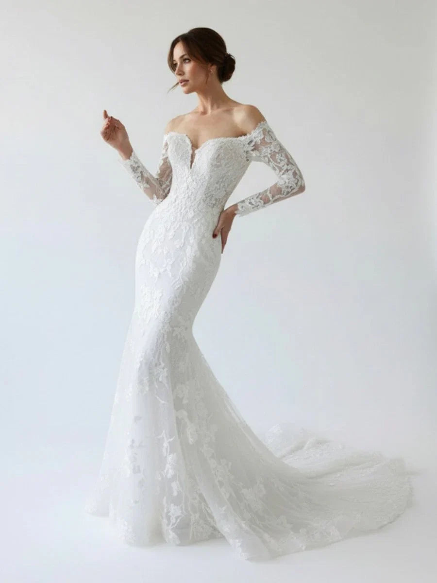 Elegant Mermaid Long Sleeve Off the Shoulder Lace Wedding Dress