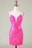 Unique Glitter Hot Pink Tight Short Homecoming Dress with Lace Up Back
