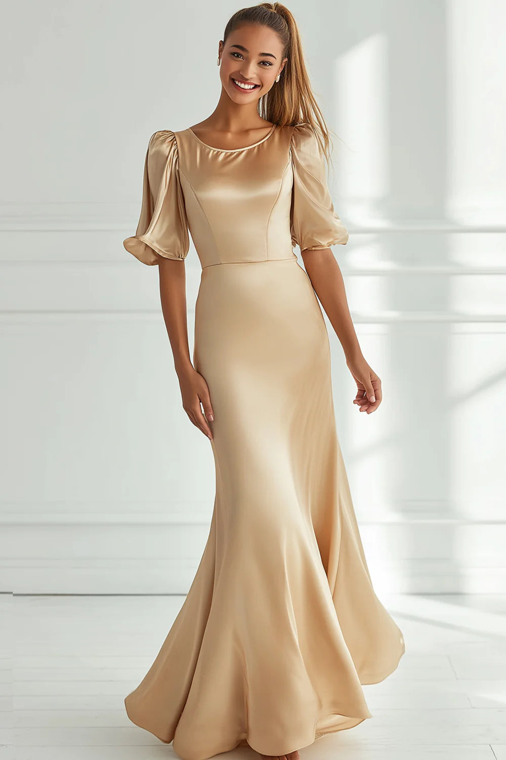 Champagne Mermaid Scoop Nevk Formal Dress with Half Sleeves