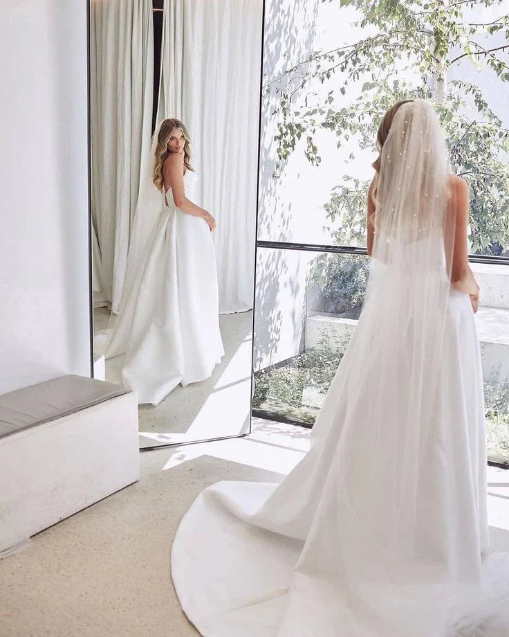 A Line White Sleeveless Satin Wedding Dress With Side Slit