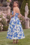 Blue Floral Strapless A Line Midi Wedding Guest Dress