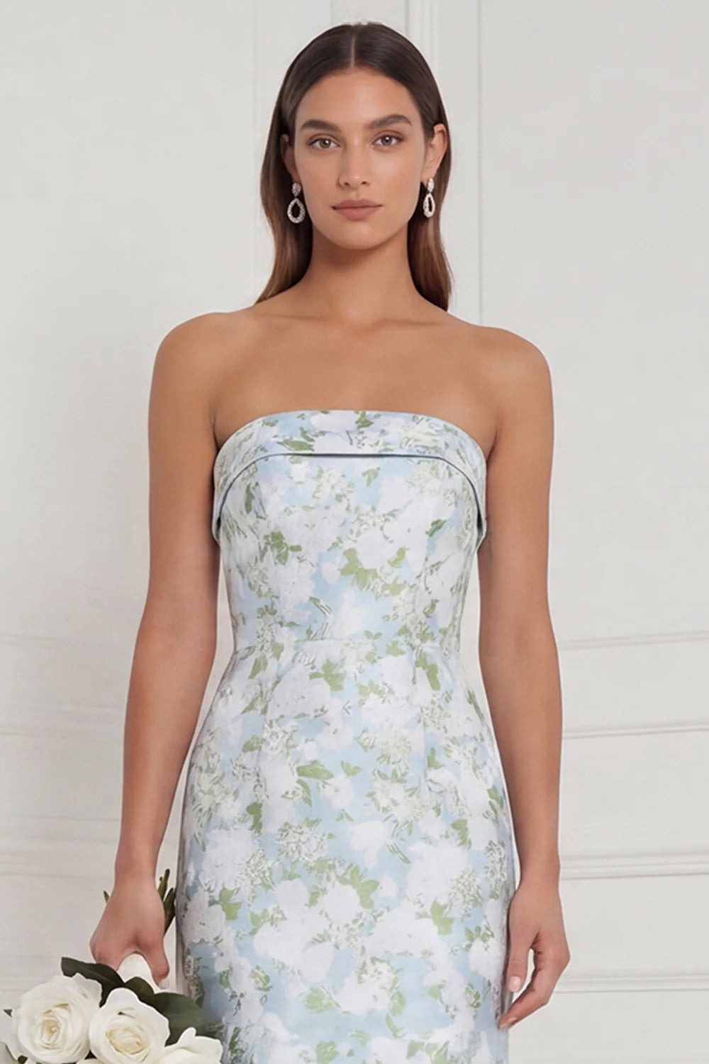 Strapless Mermaid Blue White Floral Printed Bridesmaid Dress