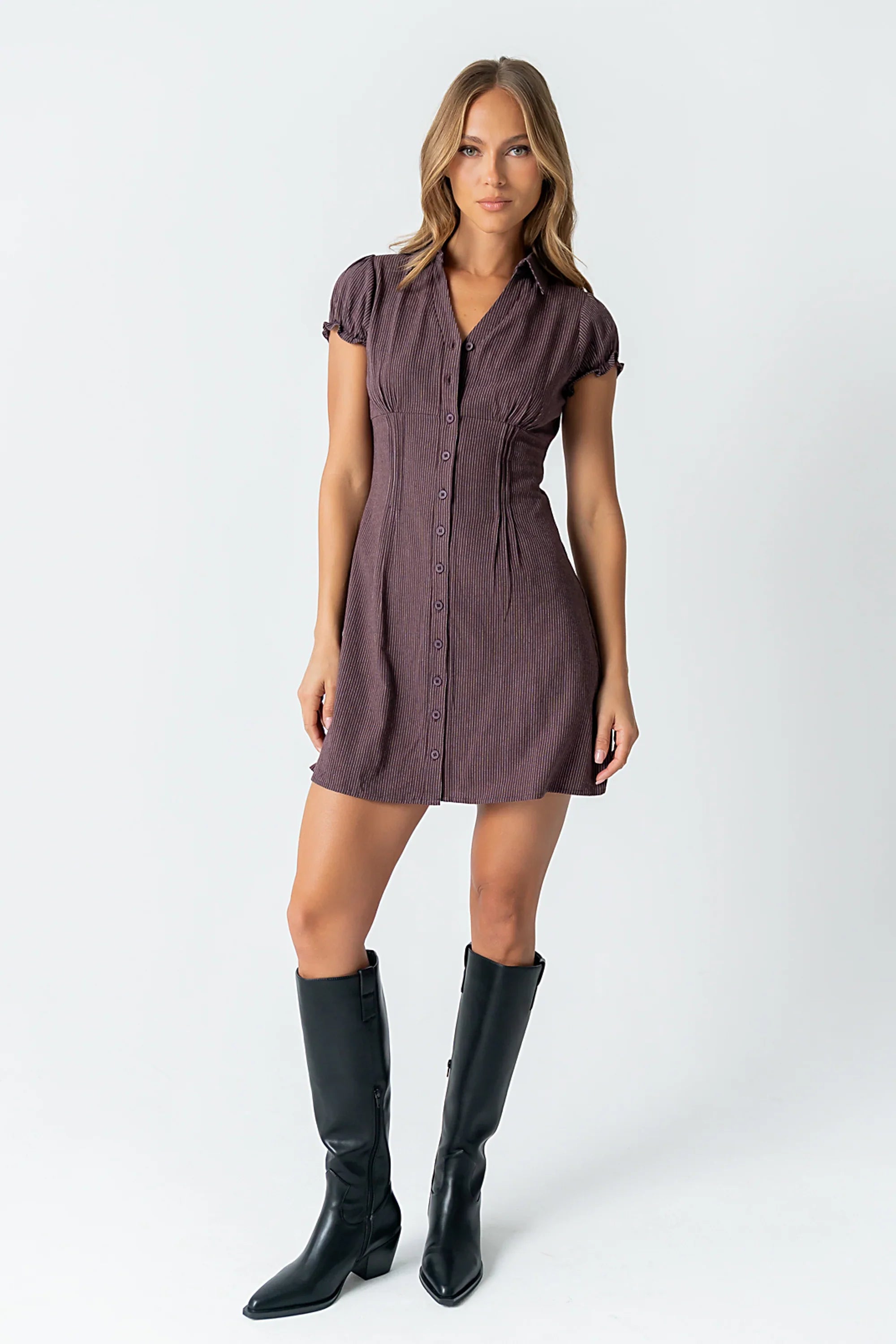 Lockie Pinstripe Mini Dress in Dark Brown FINAL SALE